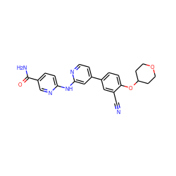 N#Cc1cc(-c2ccnc(Nc3ccc(C(N)=O)cn3)c2)ccc1OC1CCOCC1 ZINC000146494081