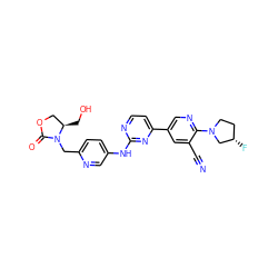 N#Cc1cc(-c2ccnc(Nc3ccc(CN4C(=O)OC[C@H]4CO)nc3)n2)cnc1N1CC[C@H](F)C1 ZINC000221139083