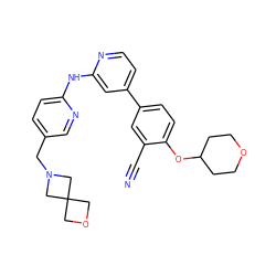 N#Cc1cc(-c2ccnc(Nc3ccc(CN4CC5(COC5)C4)cn3)c2)ccc1OC1CCOCC1 ZINC000219335173