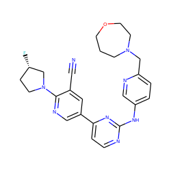 N#Cc1cc(-c2ccnc(Nc3ccc(CN4CCCOCC4)nc3)n2)cnc1N1CC[C@H](F)C1 ZINC000221138987