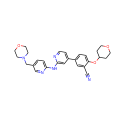 N#Cc1cc(-c2ccnc(Nc3ccc(CN4CCOCC4)cn3)c2)ccc1OC1CCOCC1 ZINC000146507798