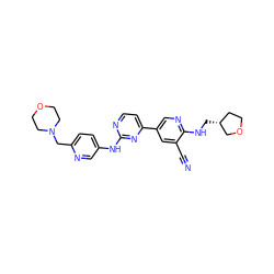 N#Cc1cc(-c2ccnc(Nc3ccc(CN4CCOCC4)nc3)n2)cnc1NC[C@@H]1CCOC1 ZINC000223231901