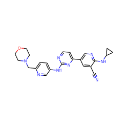 N#Cc1cc(-c2ccnc(Nc3ccc(CN4CCOCC4)nc3)n2)cnc1NC1CC1 ZINC000221190058