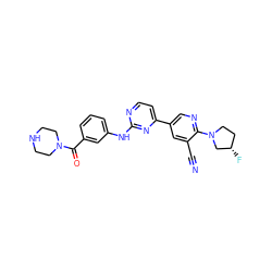 N#Cc1cc(-c2ccnc(Nc3cccc(C(=O)N4CCNCC4)c3)n2)cnc1N1CC[C@H](F)C1 ZINC000221244279