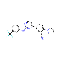 N#Cc1cc(-c2ccnc(Nc3cccc(C(F)(F)F)c3)n2)ccc1N1CCCC1 ZINC000113826376