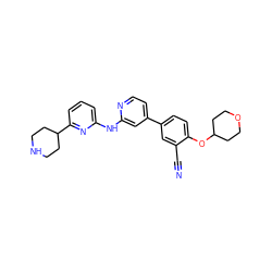 N#Cc1cc(-c2ccnc(Nc3cccc(C4CCNCC4)n3)c2)ccc1OC1CCOCC1 ZINC000219347682