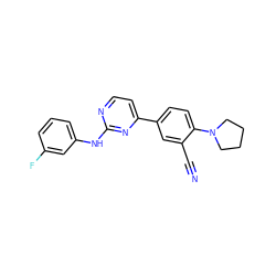 N#Cc1cc(-c2ccnc(Nc3cccc(F)c3)n2)ccc1N1CCCC1 ZINC000113829357