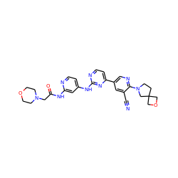 N#Cc1cc(-c2ccnc(Nc3ccnc(NC(=O)CN4CCOCC4)c3)n2)cnc1N1CCC2(COC2)C1 ZINC000221086124