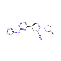 N#Cc1cc(-c2ccnc(Nc3cn[nH]c3)n2)cnc1N1CC[C@H](F)C1 ZINC000220978493