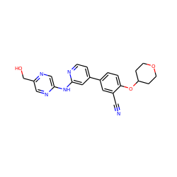 N#Cc1cc(-c2ccnc(Nc3cnc(CO)cn3)c2)ccc1OC1CCOCC1 ZINC000146507146