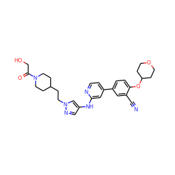 N#Cc1cc(-c2ccnc(Nc3cnn(CCC4CCN(C(=O)CO)CC4)c3)c2)ccc1OC1CCOCC1 ZINC000146549610