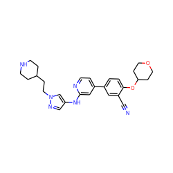 N#Cc1cc(-c2ccnc(Nc3cnn(CCC4CCNCC4)c3)c2)ccc1OC1CCOCC1 ZINC000146507342