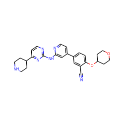 N#Cc1cc(-c2ccnc(Nc3nccc(C4CCNCC4)n3)c2)ccc1OC1CCOCC1 ZINC000146516665