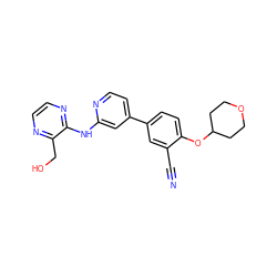 N#Cc1cc(-c2ccnc(Nc3nccnc3CO)c2)ccc1OC1CCOCC1 ZINC000146541324