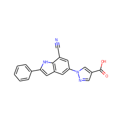 N#Cc1cc(-n2cc(C(=O)O)cn2)cc2cc(-c3ccccc3)[nH]c12 ZINC000116758511