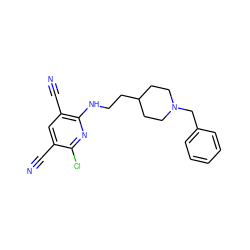 N#Cc1cc(C#N)c(NCCC2CCN(Cc3ccccc3)CC2)nc1Cl ZINC000096913140