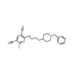 N#Cc1cc(C#N)c(NCCCC2CCN(Cc3ccccc3)CC2)nc1Cl ZINC000096913141