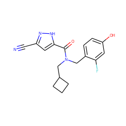 N#Cc1cc(C(=O)N(Cc2ccc(O)cc2F)CC2CCC2)[nH]n1 ZINC000103232648