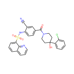 N#Cc1cc(C(=O)N2CCC(O)(c3ccccc3Cl)CC2)ccc1NS(=O)(=O)c1cccc2cccnc12 ZINC000221277224