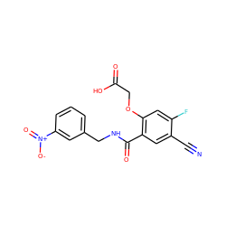 N#Cc1cc(C(=O)NCc2cccc([N+](=O)[O-])c2)c(OCC(=O)O)cc1F ZINC000028875664