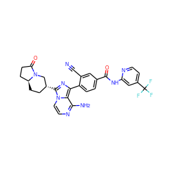 N#Cc1cc(C(=O)Nc2cc(C(F)(F)F)ccn2)ccc1-c1nc([C@@H]2CC[C@H]3CCC(=O)N3C2)n2ccnc(N)c12 ZINC000145483027