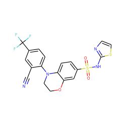 N#Cc1cc(C(F)(F)F)ccc1N1CCOc2cc(S(=O)(=O)Nc3nccs3)ccc21 ZINC000220174921