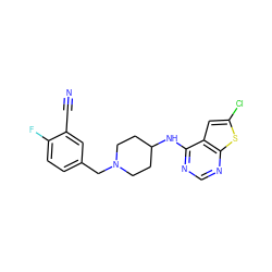 N#Cc1cc(CN2CCC(Nc3ncnc4sc(Cl)cc34)CC2)ccc1F ZINC000040403513