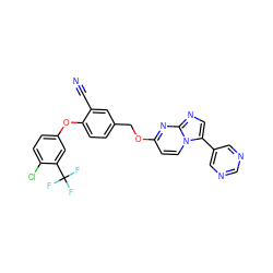 N#Cc1cc(COc2ccn3c(-c4cncnc4)cnc3n2)ccc1Oc1ccc(Cl)c(C(F)(F)F)c1 ZINC000473153302