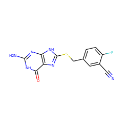 N#Cc1cc(CSc2nc3c(=O)[nH]c(N)nc3[nH]2)ccc1F ZINC000653903376