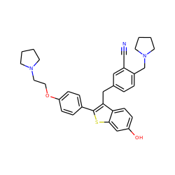 N#Cc1cc(Cc2c(-c3ccc(OCCN4CCCC4)cc3)sc3cc(O)ccc23)ccc1CN1CCCC1 ZINC000028224392