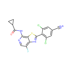 N#Cc1cc(Cl)c(-c2nc3c(F)cnc(NC(=O)C4CC4)c3s2)c(Cl)c1 ZINC000114603213