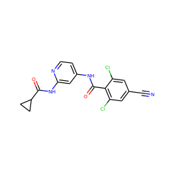 N#Cc1cc(Cl)c(C(=O)Nc2ccnc(NC(=O)C3CC3)c2)c(Cl)c1 ZINC000095920928