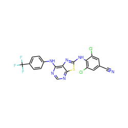 N#Cc1cc(Cl)c(Nc2nc3c(Nc4ccc(C(F)(F)F)cc4)ncnc3s2)c(Cl)c1 ZINC000040874644