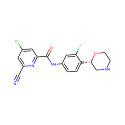 N#Cc1cc(Cl)cc(C(=O)Nc2ccc([C@H]3CNCCO3)c(F)c2)n1 ZINC000149913541