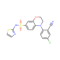 N#Cc1cc(Cl)ccc1N1CCOc2cc(S(=O)(=O)Nc3nccs3)ccc21 ZINC000220174344