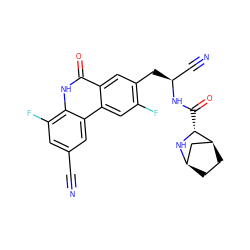 N#Cc1cc(F)c2[nH]c(=O)c3cc(C[C@@H](C#N)NC(=O)[C@H]4N[C@@H]5CC[C@H]4C5)c(F)cc3c2c1 ZINC000219292133