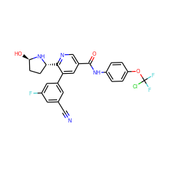 N#Cc1cc(F)cc(-c2cc(C(=O)Nc3ccc(OC(F)(F)Cl)cc3)cnc2[C@@H]2CC[C@@H](O)N2)c1 ZINC001772592985