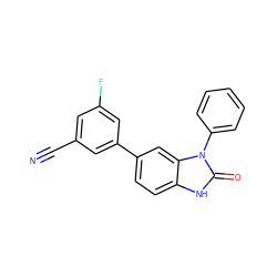 N#Cc1cc(F)cc(-c2ccc3[nH]c(=O)n(-c4ccccc4)c3c2)c1 ZINC000028464563