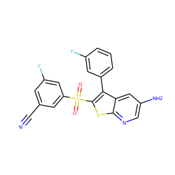 N#Cc1cc(F)cc(S(=O)(=O)c2sc3ncc(N)cc3c2-c2cccc(F)c2)c1 ZINC000068197401