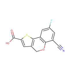 N#Cc1cc(F)cc2c1OCc1cc(C(=O)O)sc1-2 ZINC000653714208