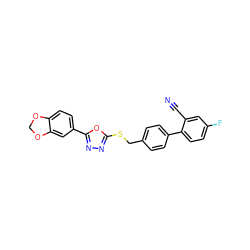 N#Cc1cc(F)ccc1-c1ccc(CSc2nnc(-c3ccc4c(c3)OCO4)o2)cc1 ZINC000084652688