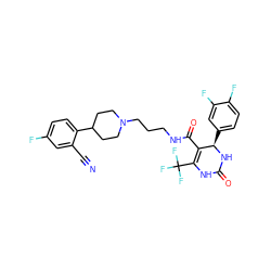 N#Cc1cc(F)ccc1C1CCN(CCCNC(=O)C2=C(C(F)(F)F)NC(=O)N[C@@H]2c2ccc(F)c(F)c2)CC1 ZINC000026657173