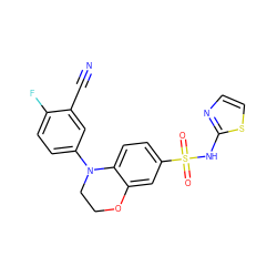 N#Cc1cc(N2CCOc3cc(S(=O)(=O)Nc4nccs4)ccc32)ccc1F ZINC000205735498