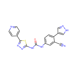 N#Cc1cc(NC(=O)Nc2nnc(-c3ccncc3)s2)ccc1-c1cn[nH]c1 ZINC000096284285