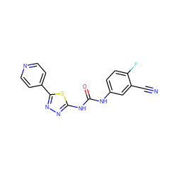 N#Cc1cc(NC(=O)Nc2nnc(-c3ccncc3)s2)ccc1F ZINC000096284280