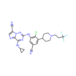 N#Cc1cc(Nc2nc(NC3CC3)c3ncc(C#N)n3n2)c(Cl)c(C2CCN(CCC(F)(F)F)CC2)c1 ZINC000169711927