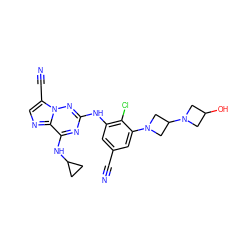 N#Cc1cc(Nc2nc(NC3CC3)c3ncc(C#N)n3n2)c(Cl)c(N2CC(N3CC(O)C3)C2)c1 ZINC000169711918