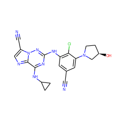 N#Cc1cc(Nc2nc(NC3CC3)c3ncc(C#N)n3n2)c(Cl)c(N2CC[C@@H](O)C2)c1 ZINC000169711892