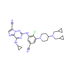 N#Cc1cc(Nc2nc(NC3CC3)c3ncc(C#N)n3n2)c(Cl)c(N2CCC(N(CC3CC3)CC3CC3)CC2)c1 ZINC000169711909