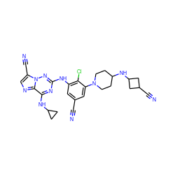 N#Cc1cc(Nc2nc(NC3CC3)c3ncc(C#N)n3n2)c(Cl)c(N2CCC(NC3CC(C#N)C3)CC2)c1 ZINC000169711906